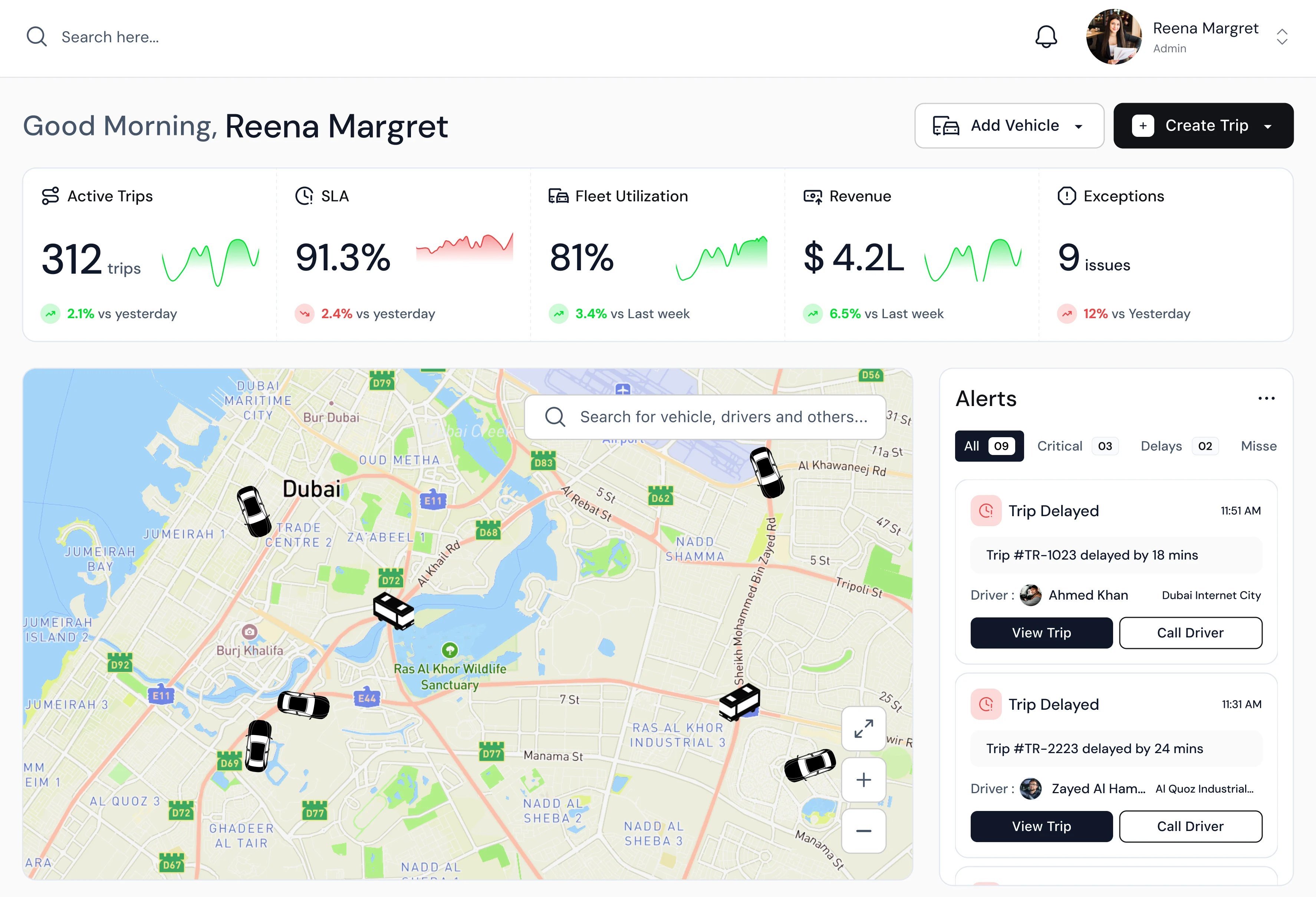 Operational visibility dashboard preview showing trips and alerts